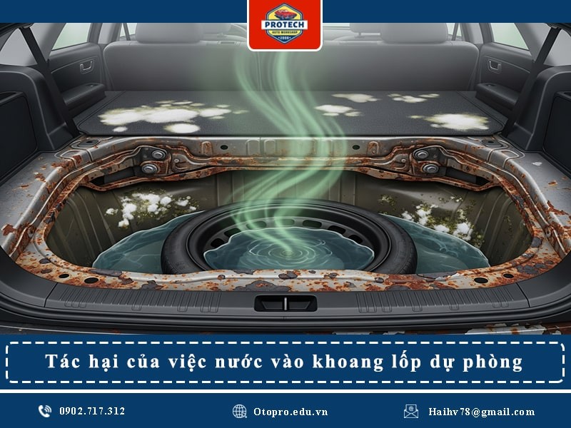 Nước vào khoang lốp dự phòng khiến xe bị gỉ sét, môi trường ẩm mốc ảnh hưởng tới sức khỏe